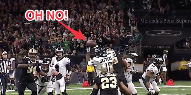 Eagles' receiver Alshon Jeffery drops pass through his hands for brutal,  game-winning interception for Saints