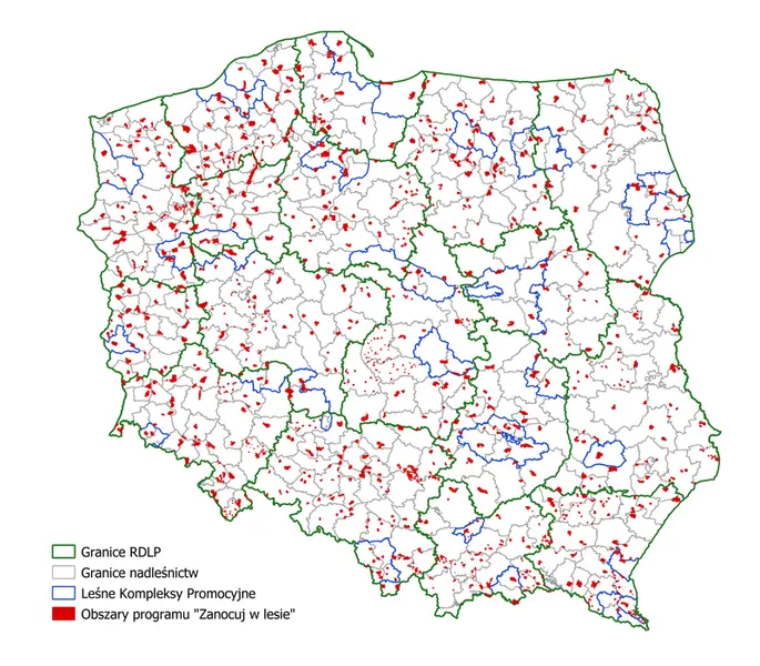 Mapa obszarów objętych Programem &quot;Zanocuj w lesie&quot; Fot. lasy.gov.pl