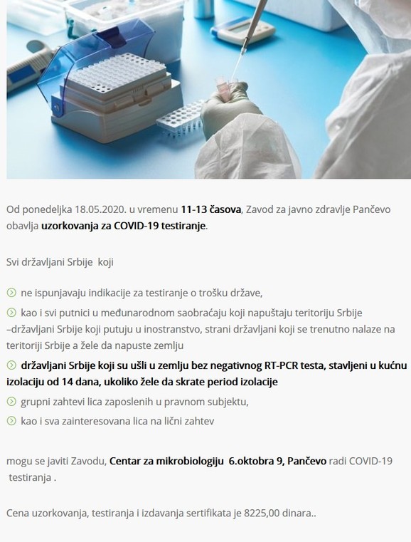 Objava Zavoda za javno zdravlje Pančevo