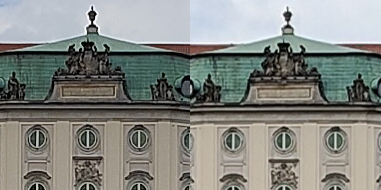 Wycinki w skali 1:1 z powyższych zdjęć - po lewej ze zdjęcia 50 MP, po prawej z interpolowanego zdjęcia 12 MP (kliknij, aby powiększyć)