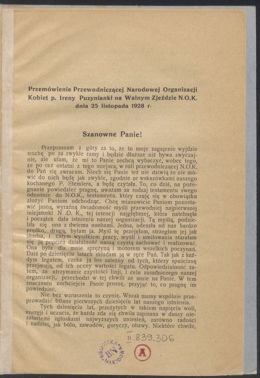 Przemówienie Przewodniczącej Narodowej Organizacji Kobiet Ireny Puzynianki na Walnym Zjeżdzie N.O.K. dnia 25 listopada 1928 r.
