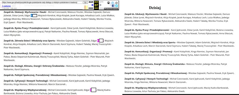 Screeny ze strony rządowej przed i po usunięciu Edgara K.