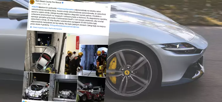 Ferrari Roma spadło do szybu windy. Z auta zaczęło wyciekać paliwo