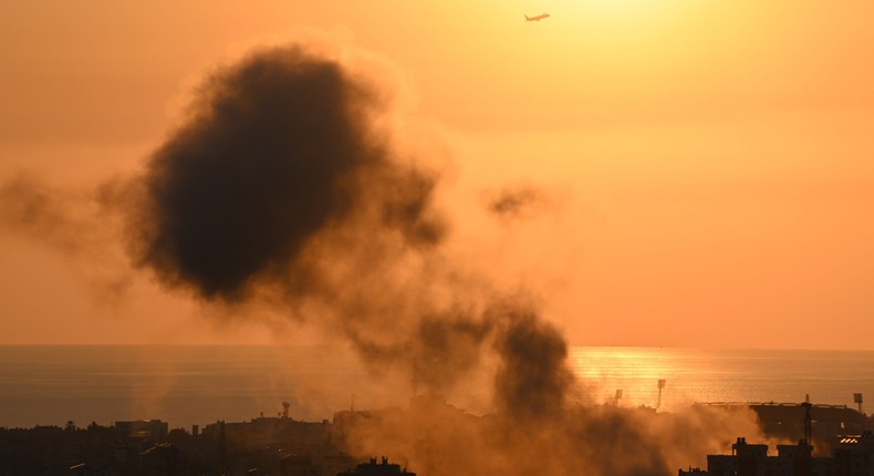 Smoke rises from the site of an Israeli airstrike in Beirut's southern suburbs on September 28.Joseph Eid