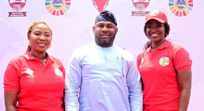 L-R: Head, External Communications & Partnerships, Reckitt Sub Saharan Africa, Mrs Cassandra Uzo- Ogbugh; Senior Special Assistant to the Lagos State Governor on Sustainable Developmental Goals & Investment, Mr Lekan Fatodu and Mortein Brand Ambassador, Ms Kate Henshaw, at the commemoration of the 2023 World Malaria Day by Mortein in Lagos.