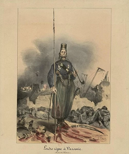 L’ordre règne à Varsovie (Porządek panuje w Warszawie) francuska karykatura z 1831 autorstwa Jean Ignace Isidore Gérarda