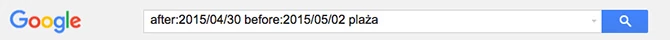 Takie wyszukiwanie pokaże nam wszystkie maile ze słowem "plaża", które otrzymaliśmy od 30 kwietnia do 2 maja