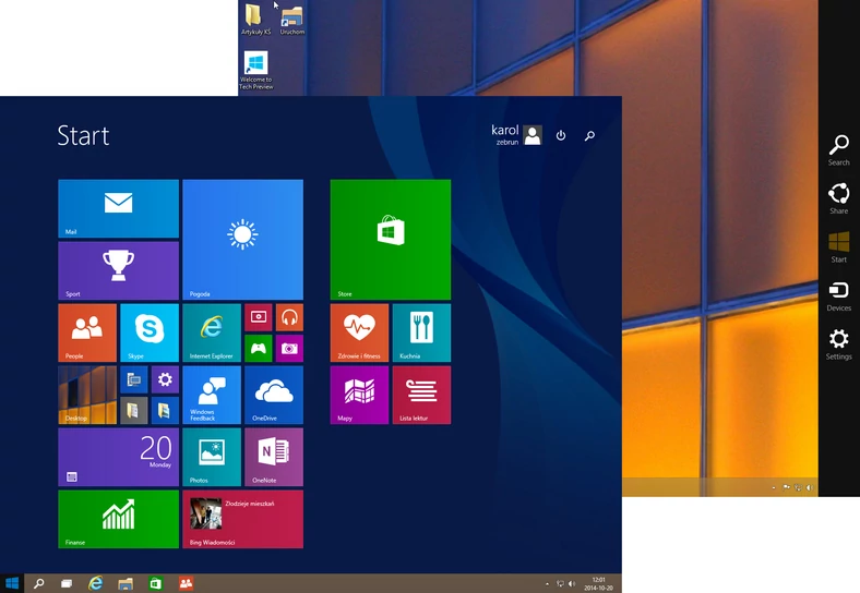 Windows 10 Technical Preview choć na pierwszy rzut oka całkowicie zrywa z tradycją poprzednika, zachowuje dostęp do wprowadzonych w Windows 8 rozwiązań. Możemy korzystać z ekranu startowego, który wypełnia cały pulpit. Nie zaginął również pasek Charms, choć dostęp do niego możliwy jest jest jedynie za pomocą skrótu klawiaturowego