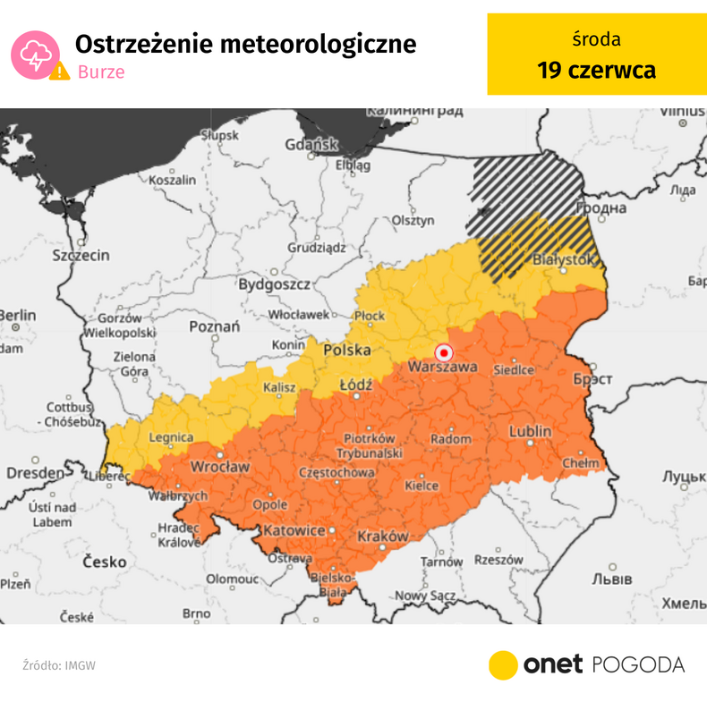 W dużej części Polski będą dziś obowiązywać żółte i pomarańczowe ostrzeżenia przed burzami