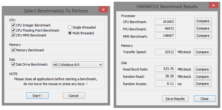 Moduł przeprowadzający benchmarki dostępny jest tylko w 32-bitowej wersji HWiNFO32