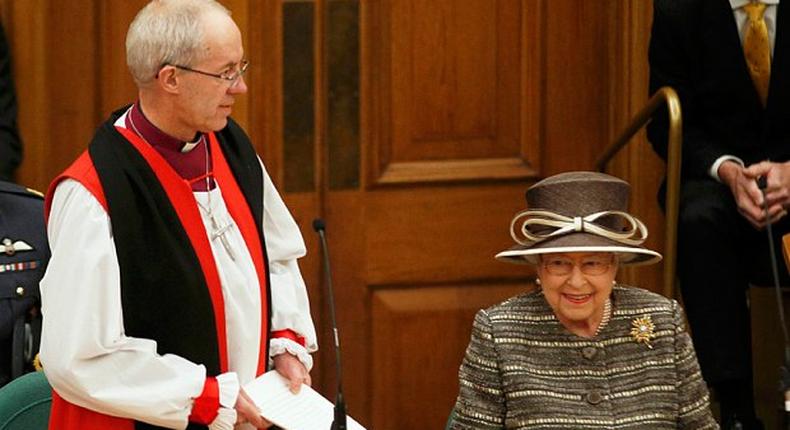 Queen Elizabeth II listens to a speech by the Archbishop of Canterbury, Justin Welby, at Church House Photo: REUTERS