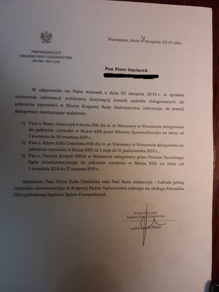 Odpowiedź na pytanie sędziego Piotra Gąciarka