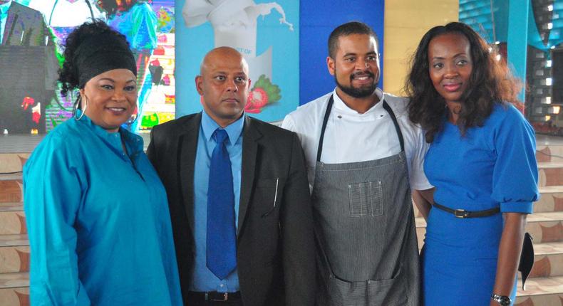 Marketing Director, FrieslandCampina WAMCO, Tarang Gupta (second left) with judges of the ‘Art of Milk’ cooking competition: celebrity actress, Sola Sobowale (left), celebrity chef, Adeniyi Williams; and public health physician, Lagos State University Teaching Hospital (LASUTH) Ikeja, Dr. Elo Ukatu, during the June 1, 2016 World Milk Day celebration with students in Ikeja, Lagos