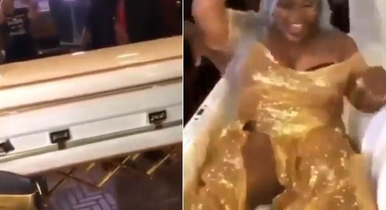 Bride arrives at her wedding in a coffin (video)