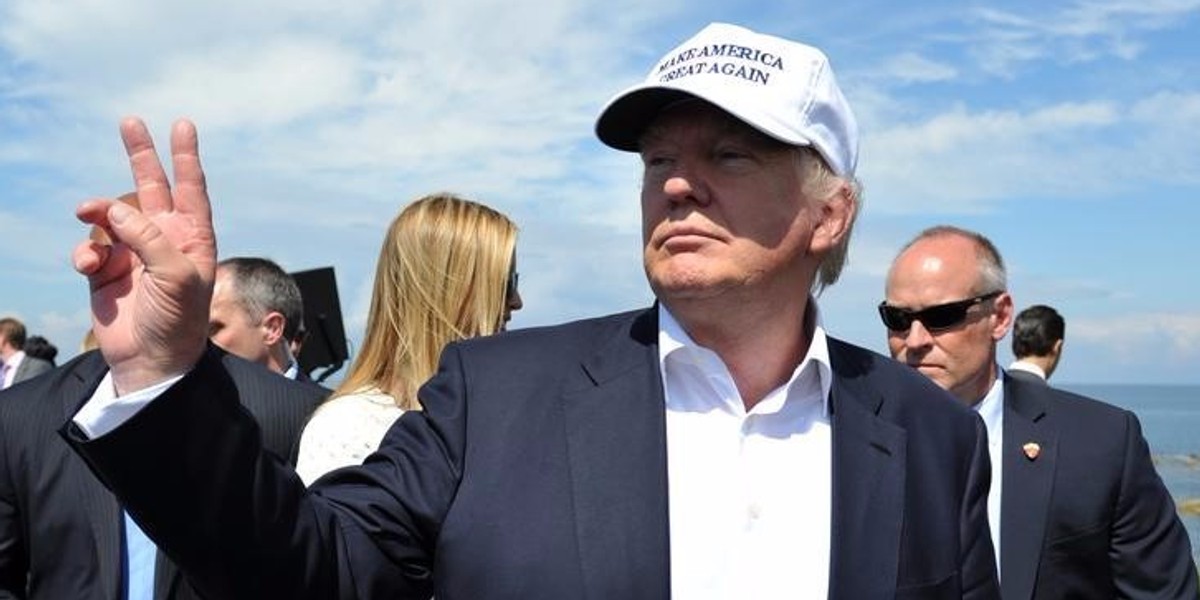 Republican presidential candidate Donald Trump gestures following a news conference at his Turnberry golf course, in Turnberry, Scotland.