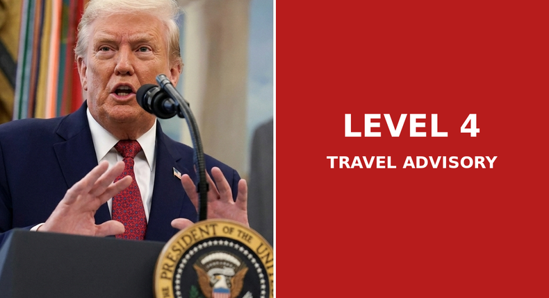 Left Image: President Donald Trump speaks in the Oval Office [Photograph]. Getty Images. Right Image: Level 4: Do Not Travel advisory graphic [Graphic]. U.S. Department of State.