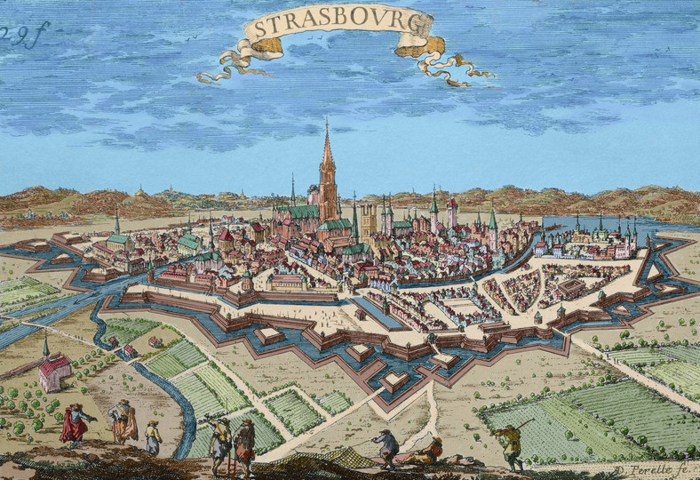 Strasburg - panorama miasta otoczonego murami. Rytownictwo, XVII wiek