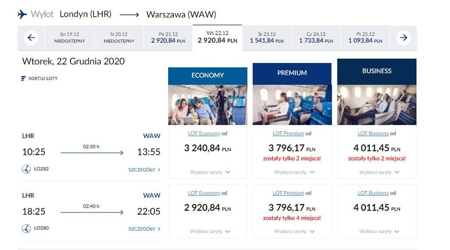 Ceny biletów i dostępność rejsów PLL LOT z Londynu w dniach 21-25.12.2020. Dane z godziny 14.55