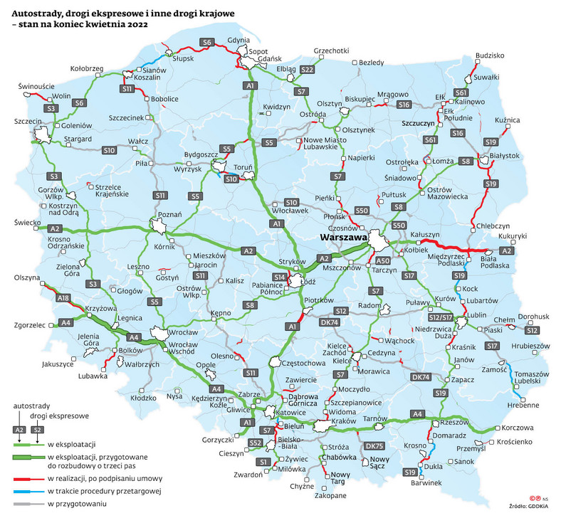 Autostrady, drogi ekspresowe i inne drogi krajowe - stan na koniec kwietnia 2022