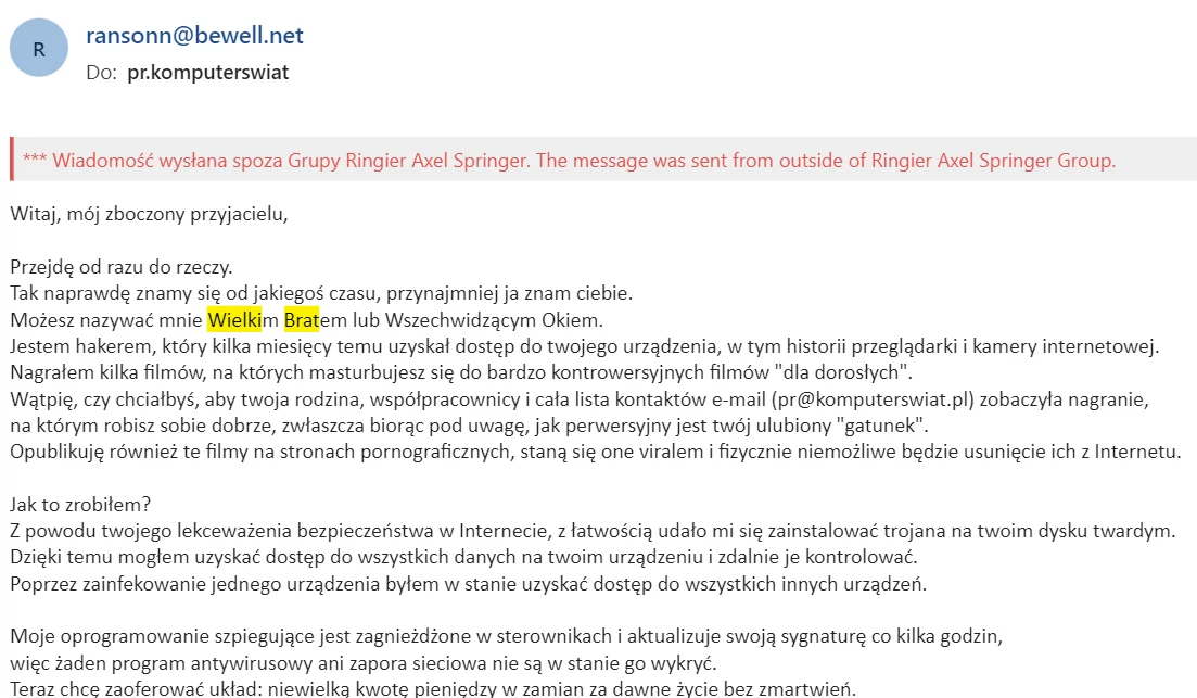 Podejrzana wiadomość od rzekomego hakera, jaką otrzymali redaktorzy Komputer Świata