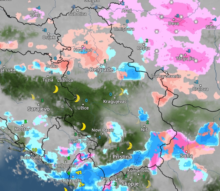 Kretanje padavina u ponoć 