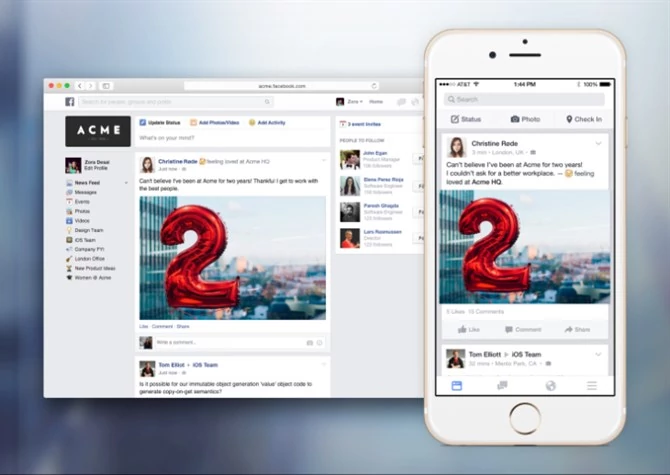 Facebook at Work jest dostępny także z poziomu aplikacji