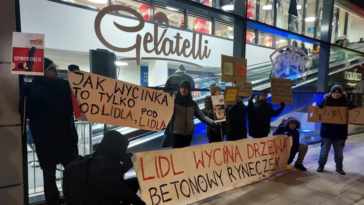 Pikieta w dzień otwarcia nowego dyskontu w Łodzi upamiętniła ścięte drzewo