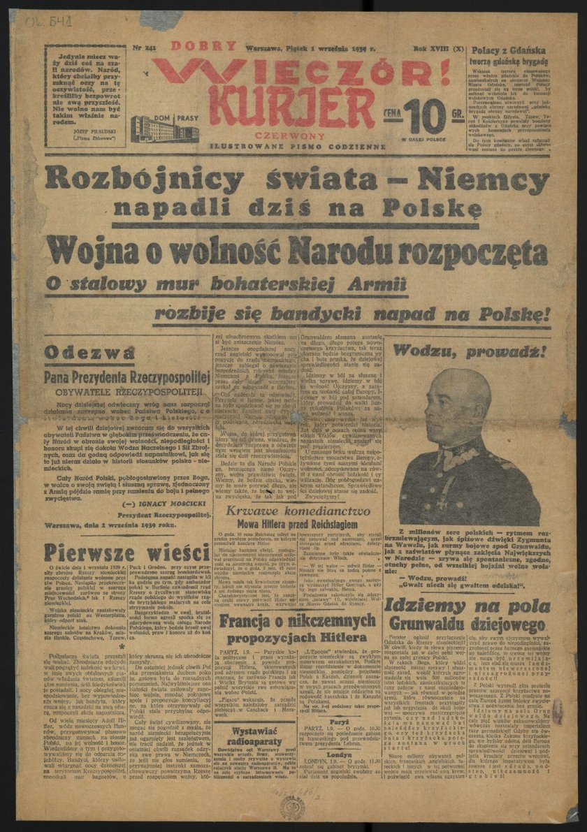 Nagłówki gazet z 1 września 1939 roku.