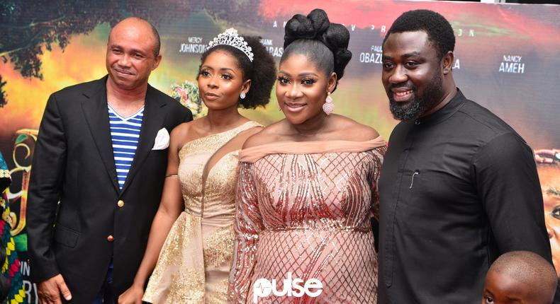 L-R: The Legend of Inikpi co-stars, Paul Obazele, and Nancy Ameh; Mercy Johnson-Okojie, and her husband, Prince Odi Okojie, on the red carpet for the film premiere on Sunday, January 19, 2020 [PULSE]