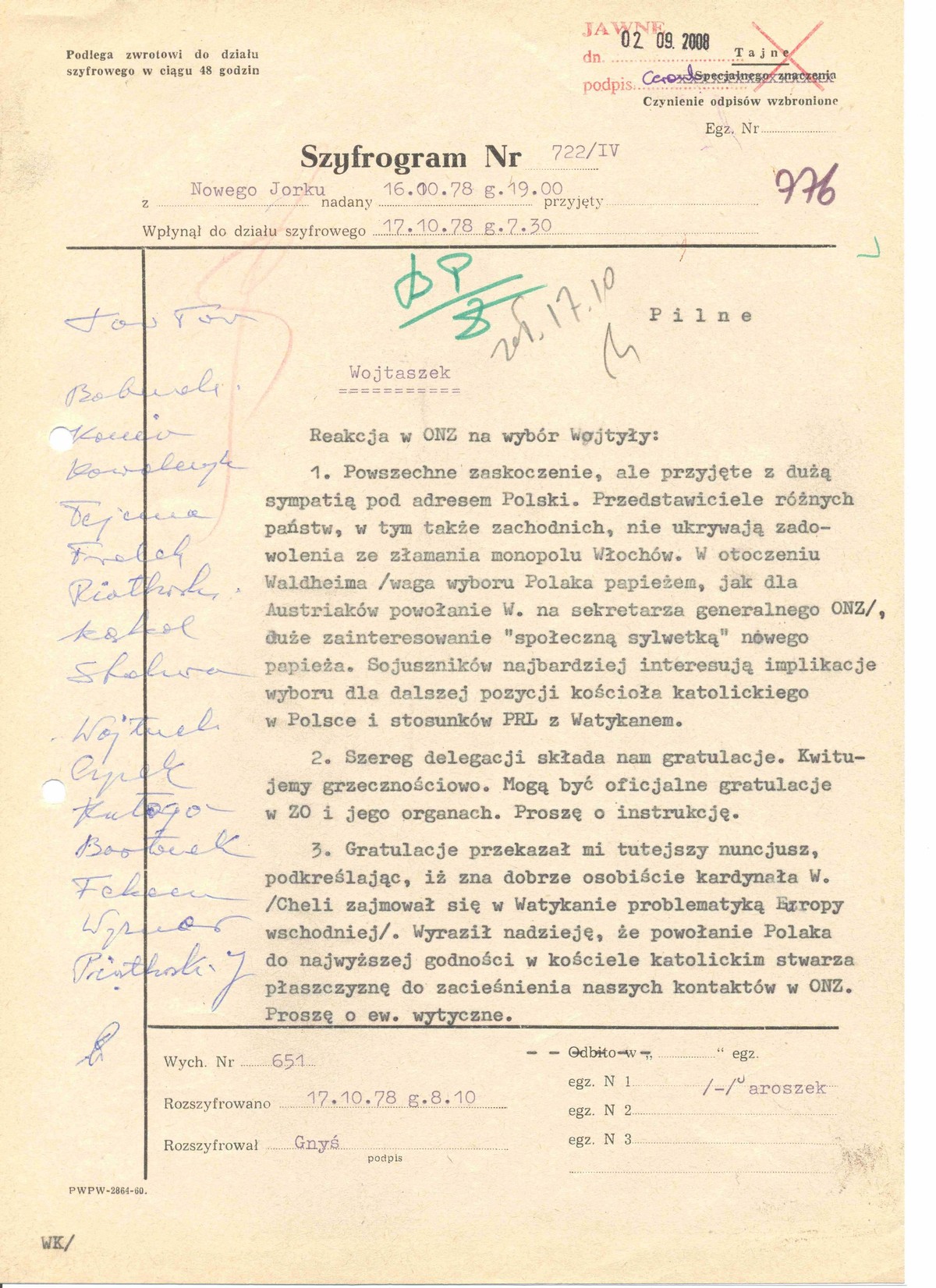 Depesza Henryka Jaroszka do Warszawy o reakcji w ONZ: "powszechne zaskoczenie, ale przyjęte z dużą sympatią pod adresem Polski", 16 października 1978 r.