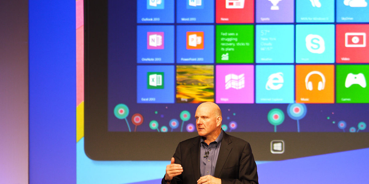 Former Microsoft CEO Steve Ballmer at the launch of Windows 8. It eschewed traditional Windows elements like the Start button in favor of big, touch-friendly buttons.