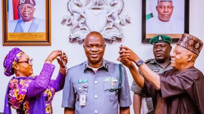Vice President, Kashim Shettima decorates new Ag Customs C-G, Adewale Adeniyi (Credit: National Accord Newspaper)
