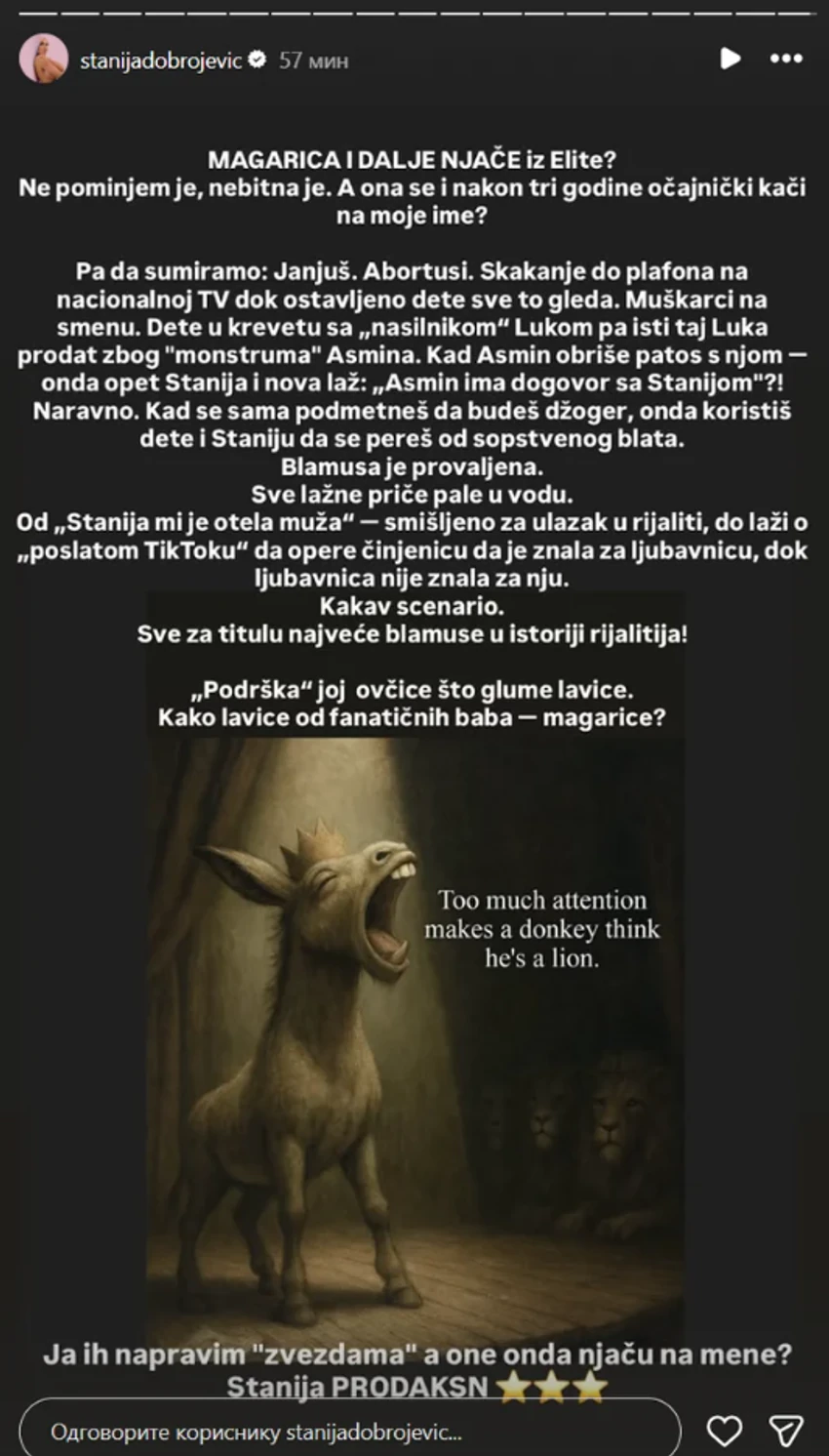 Bukti rat između Stanije Dobrojević i Aneli Ahmić, starleta poručuje: Magarica i dalje riče