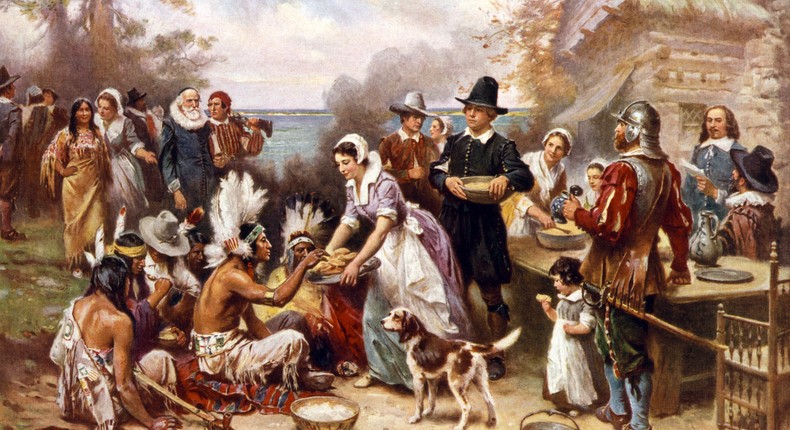 An artistic depiction of the Pilgrims feast with the Wampanoag in 1621, published in 1932.Universal History Archive/Getty Images