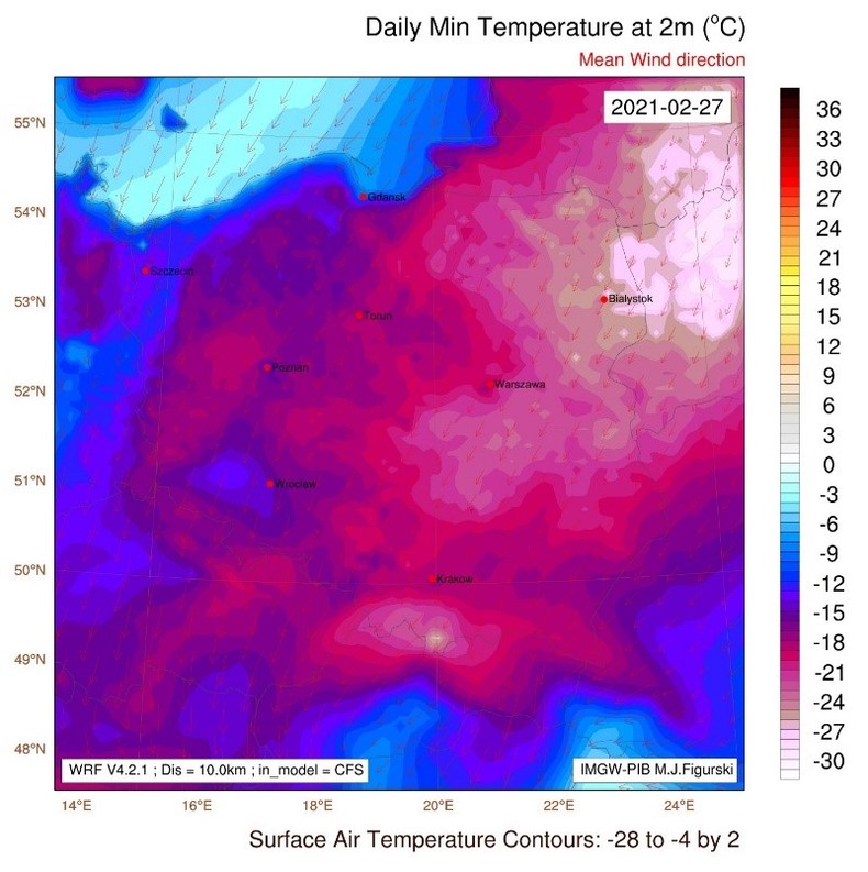 Minimalna dobowa temperatura prognozowana pod koniec lutego