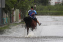 Mieszkaniec Toa Baja w Portoryko jeździ konno po zalanej ulicy