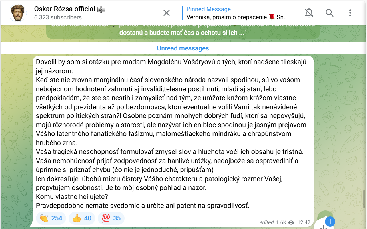 Oskar Rózsa skritizoval Magdu Vášaryovú. 