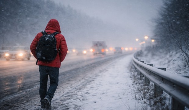 čovek u crvenoj jakni, ilustracija