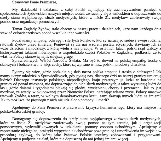 Treść petycji skierowanej do Premiera Mateusza Morawieckiego podpisana przez kilkadziesiąt osób