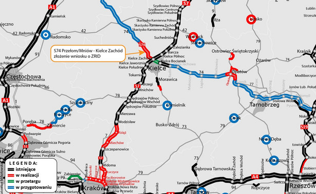 Droga ekspresowa S74 Mniów - Kielce o długości ok. 16,4 km będzie powstawać przez kolejne dwa lata. Planowane zakończenie inwestycji wartej ok. 537,7 mln zł przewidziano na drugą połowę 2025 roku.