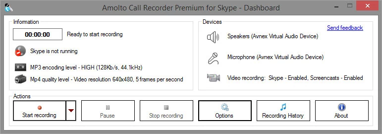 Główne okno programu Amolto Call Recorder Premium for Skype