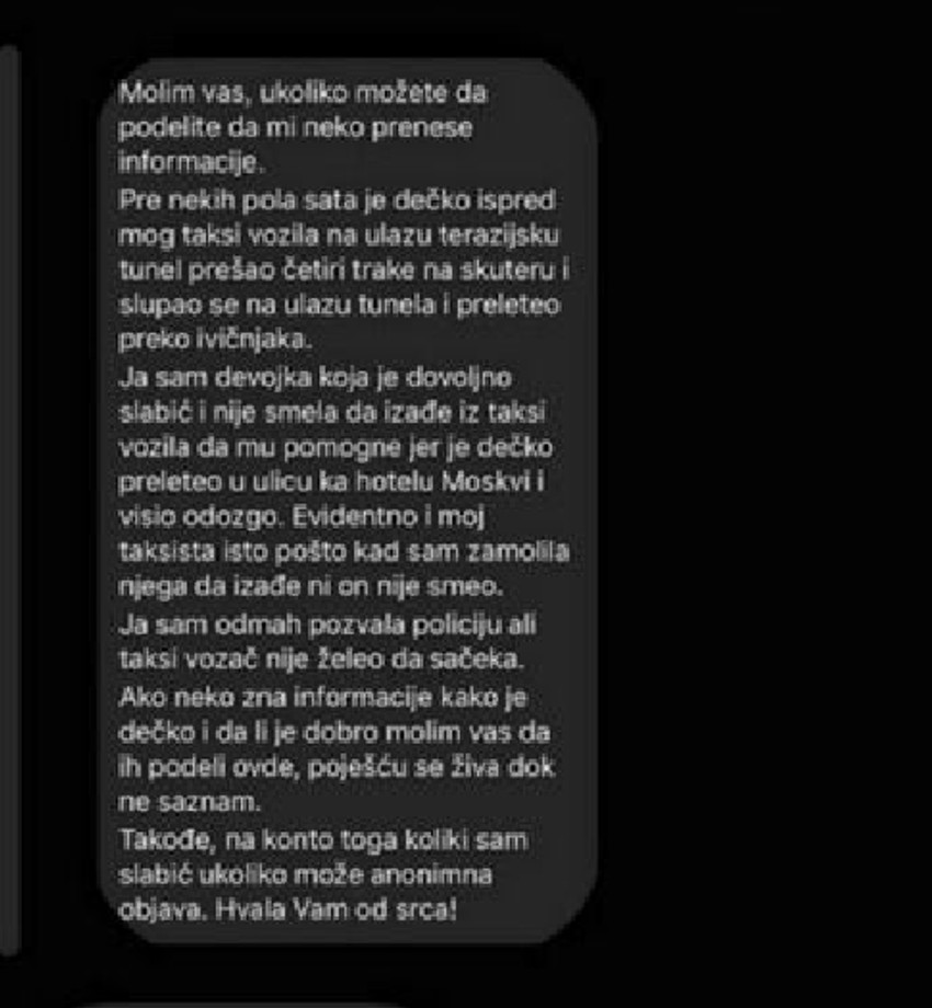 Poruka devojke koja je prisustvovala saobraćajno nezgodi u kojoj je poginuo motociklista