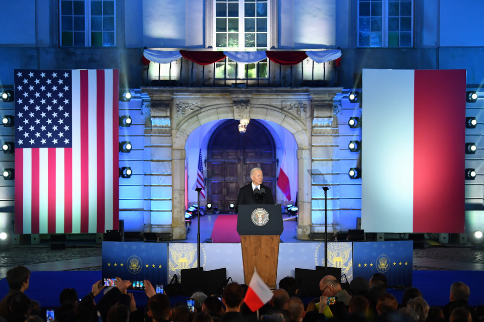 Wizyta prezydenta USA Joego Bidena. Prezydent USA przemawiał na Placu Zamkowym w Warszawie. 26.03.2022 r.