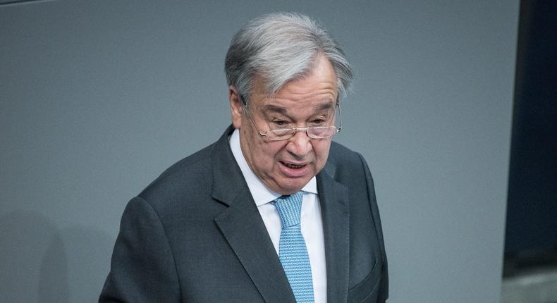 United Nations Secretary-General Antonio Guterres speaks to parliamentarians at the Bundestag on the occasion of the 75th anniversary of the founding of the UN on December 18, 2020 in Berlin, Germany
