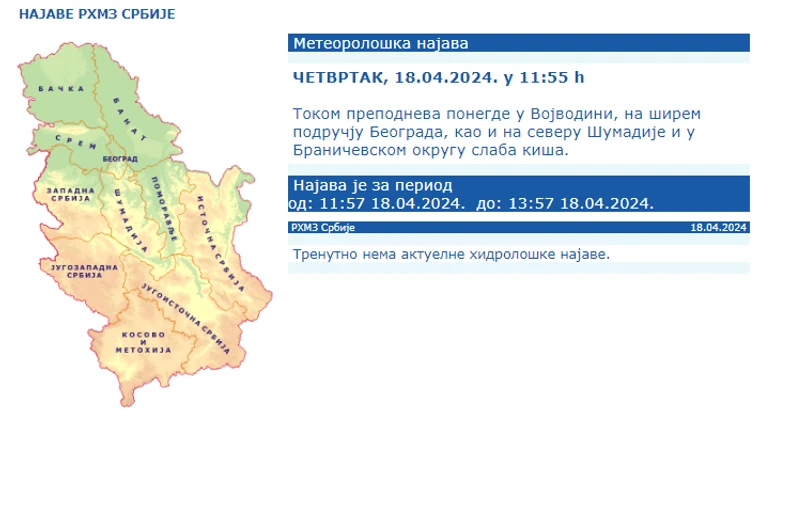 RHMZ najava padavina u Srbiji