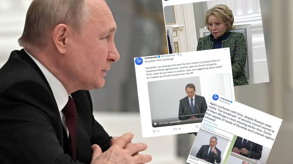 Władimir Putin podczas Rady Bezpieczeństwa Rosji, gdzie rozmawiał m.in. z szefową Rady Federacji Rosyjskiej Walentiną Matwijenko, szefem zagranicznego wywiadu Federacji Rosyjskiej, Siergiejem Naryszkinem oraz Siergiejem Szojgu, ministrem obrony