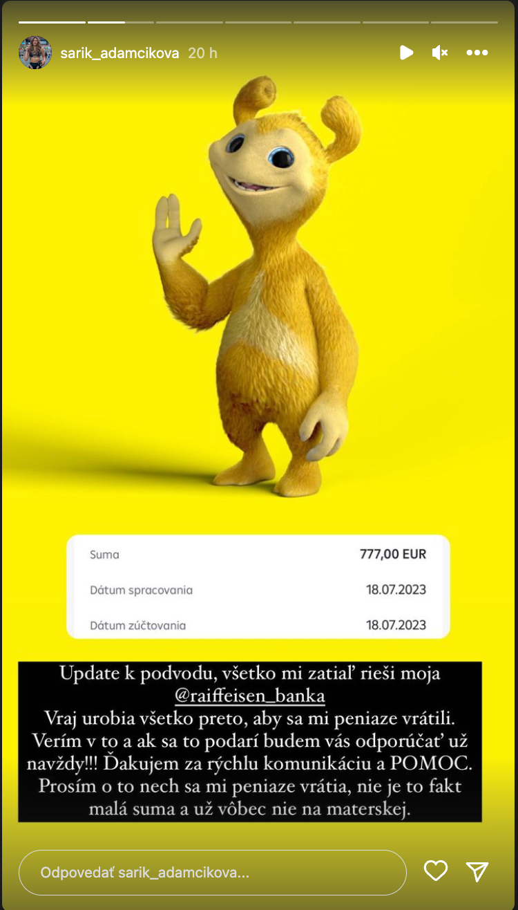 Sára Adamčíková sa stala obeťou podvodu.
