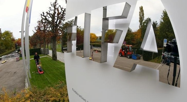 The FIFA logo is seen outside their headquarters in Zurich October 8, 2015. REUTERS/Arnd Wiegmann