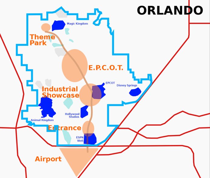 Nakładka planów EPCOT z 1966 r. (pomarańczowy) i widok współczesny (niebieski)