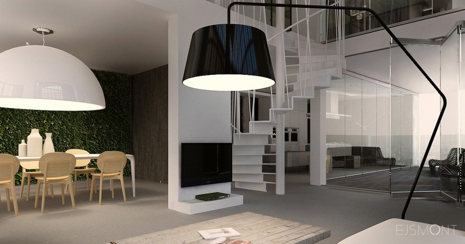 Loft:  biel i drewno - projekt Ejsmont